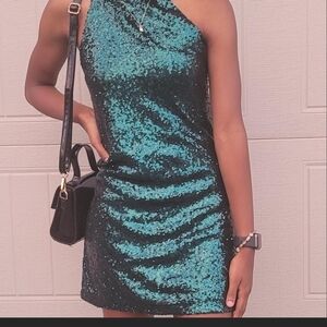 Lulu's Teal and Black One-Shoulder Sequin Mini Dress